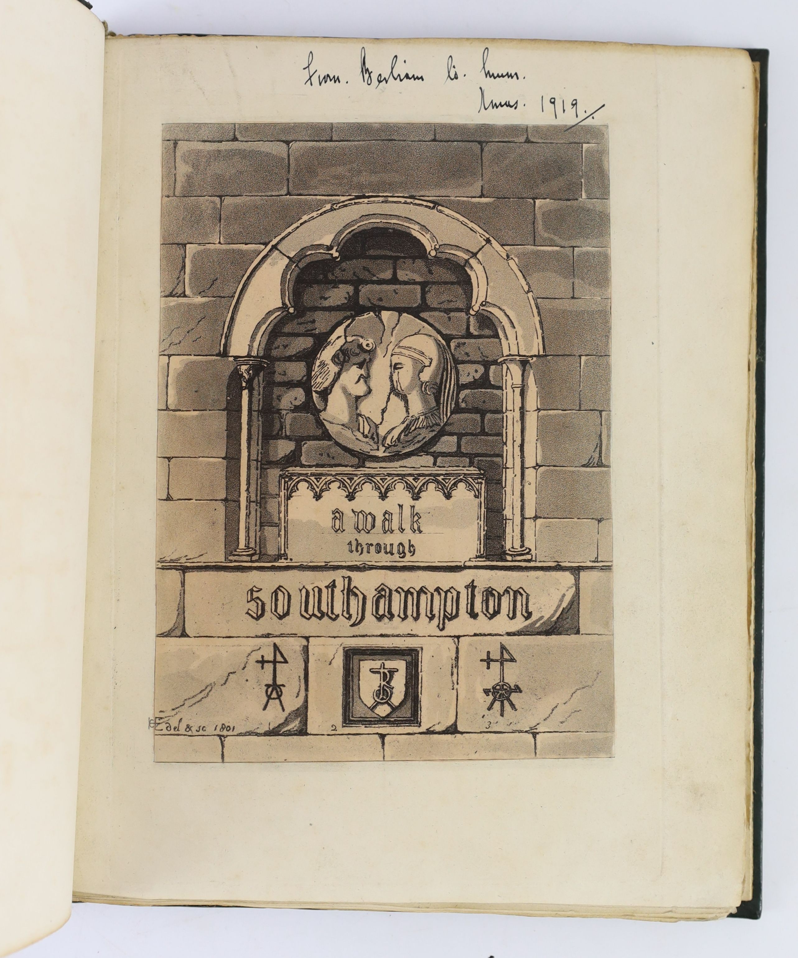 Englefield, Henry Charles, Sir - A Walk Through Southampton, 4to, rebound green morocco gilt, with 5 plates (of 6), 3 hand tinted including additional title page, which has an ink presentation inscription, T. Baker, Sout